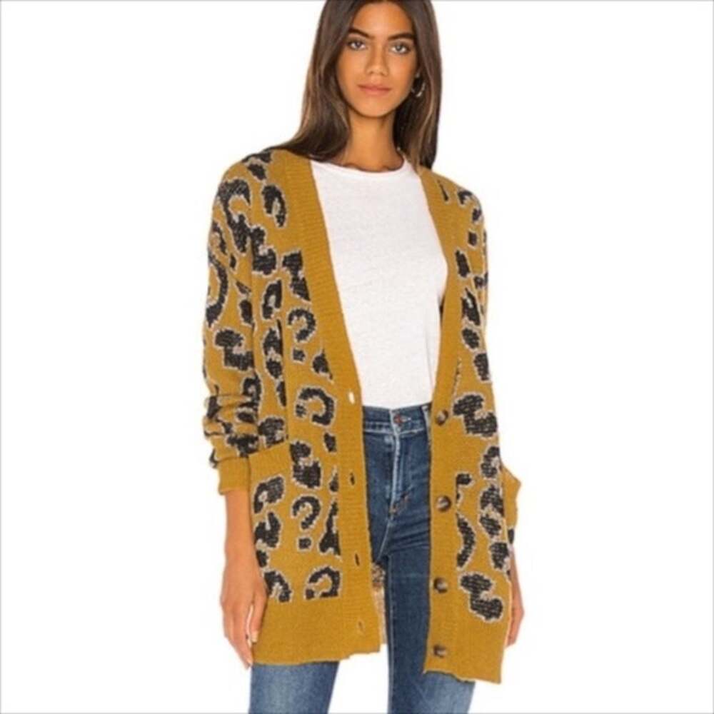 JOA Sweater Animal Print Oversized Cardigan in Mustard Yellow Size Small